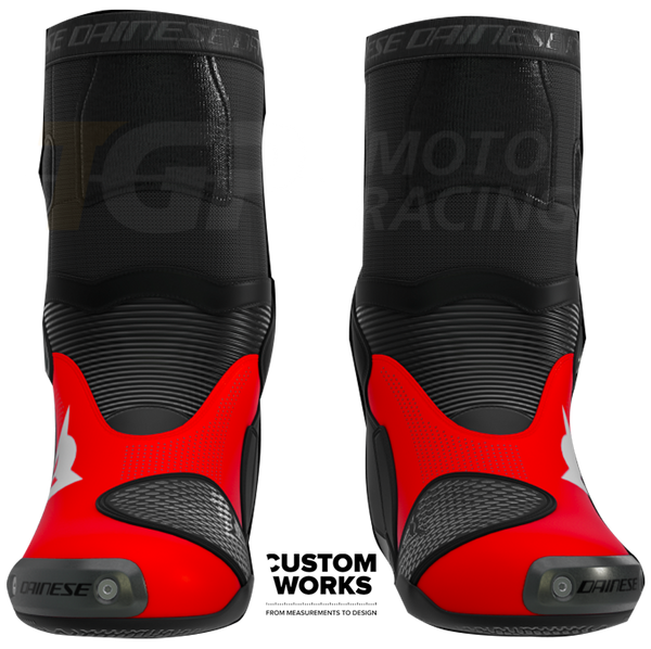Dainese Axial 2 Air Marco Bezzecchi Replica 2026 men's motorcycle boots in Fluo Red and Black Custom Works finish