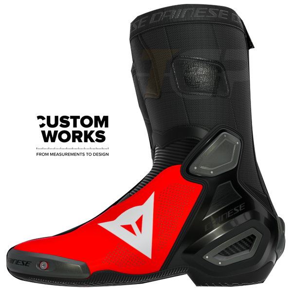 Dainese Axial 2 Air Marco Bezzecchi Replica 2026 men's motorcycle boots in Fluo Red and Black Custom Works finish