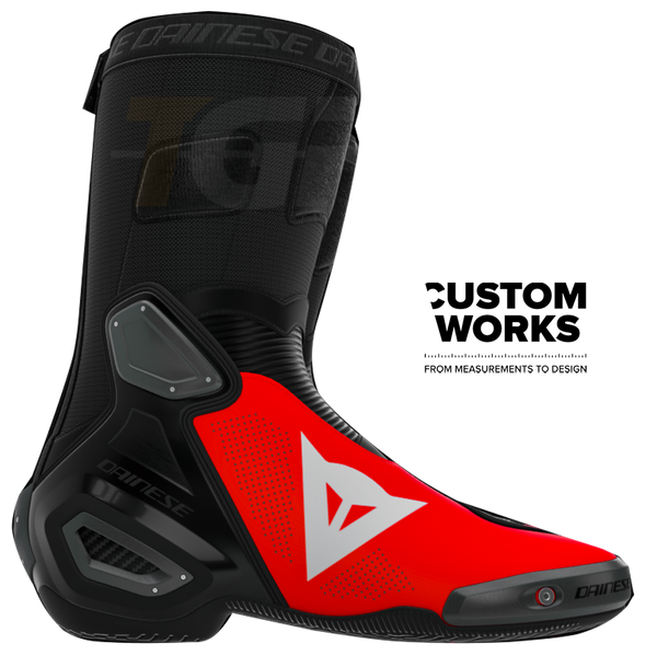 Dainese Axial 2 Air Marco Bezzecchi Replica 2026 men's motorcycle boots in Fluo Red and Black Custom Works finish