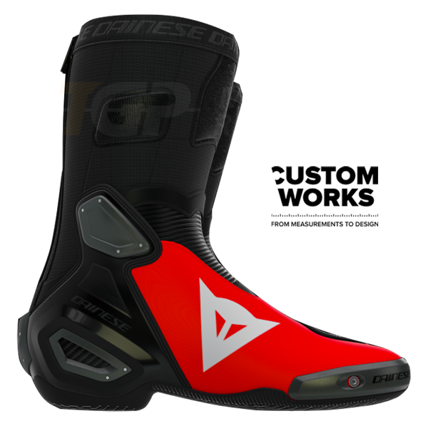 Dainese Axial 2 Marco Bezzecchi Replica 2026 Custom Works motorcycle boots in Fluo Red and Black