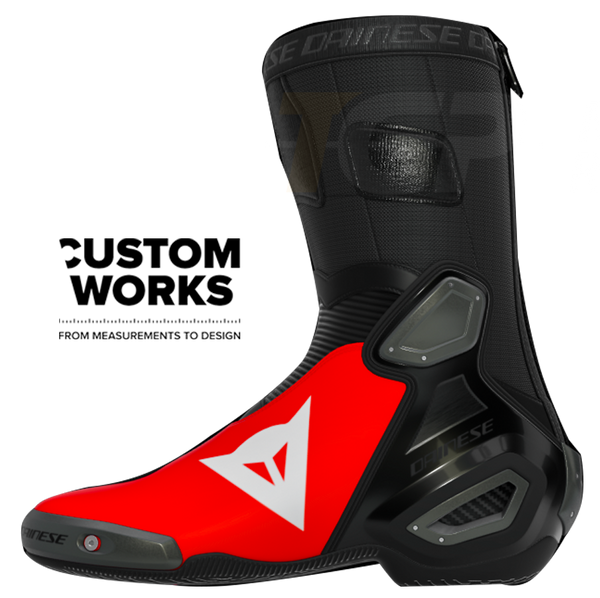 Dainese Axial 2 Marco Bezzecchi Replica 2026 Custom Works motorcycle boots in Fluo Red and Black