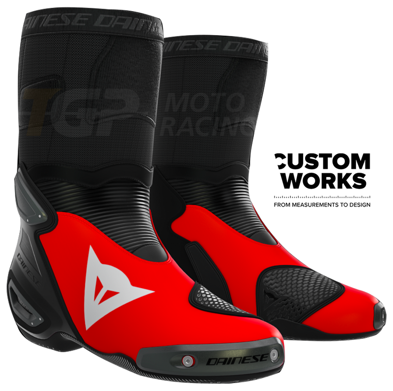 Dainese Axial 2 Marco Bezzecchi Replica 2026 Custom Works motorcycle boots in Fluo Red and Black