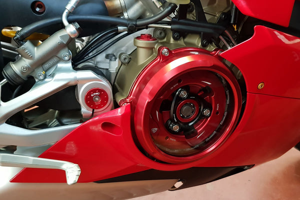 CNC Racing CA210 transparent clutch cover for Ducati Panigale V4 S 2025-2026 anodised aluminium