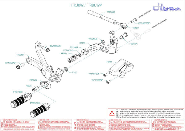 LighTech FTRDU012/W rearset kit in silver for Ducati Panigale V4/S/R