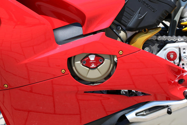 CNC Racing Pramac Racing Limited Edition timing inspection cover for Ducati Panigale V4/S 2025-2026, anodised billet aluminium