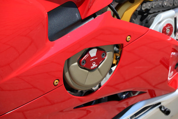 CNC Racing Pramac Racing Limited Edition timing inspection cover for Ducati Panigale V4/S 2025-2026, anodised billet aluminium