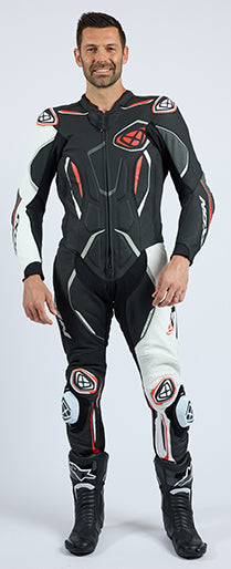 IXON Demonio men's one-piece perforated leather race suit in black, white and red
