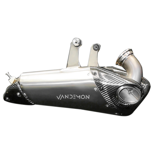 Vandemon Slip-On Low Titanium exhaust system on Ducati Panigale V2 955 with carbon fibre end caps