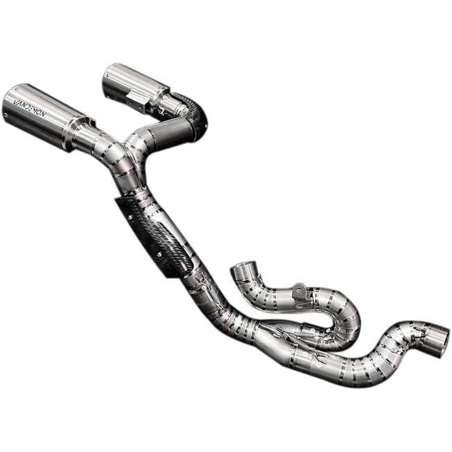 Vandemon Ti1 titanium half-system exhaust with carbon end caps on Ducati Panigale V4