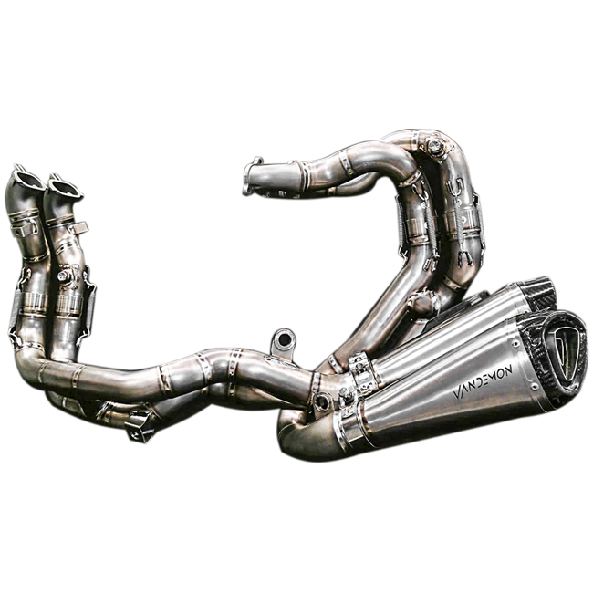 Vandemon Low Titanium full exhaust system on Ducati Panigale V4 natural brushed finish