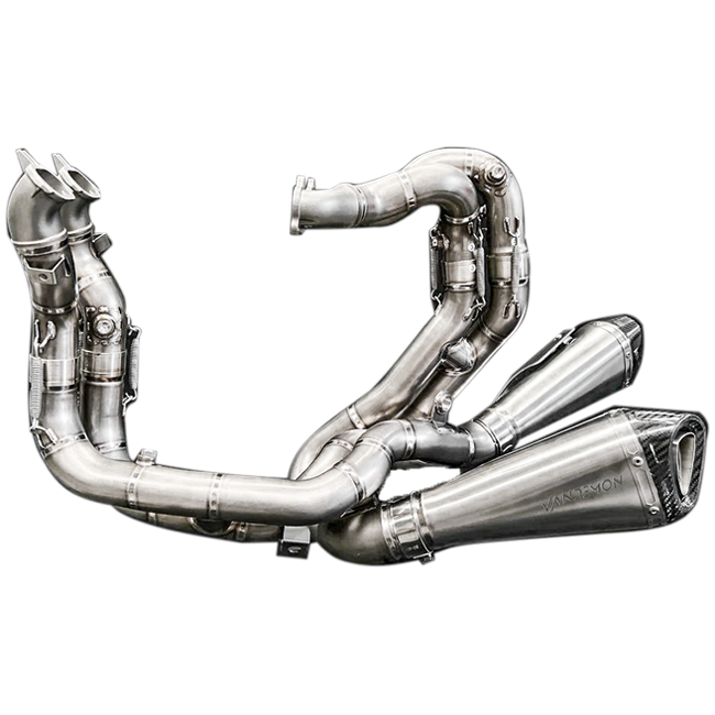 Vandemon Low Titanium full exhaust system on Ducati Panigale V4/S, naturally brushed titanium finish