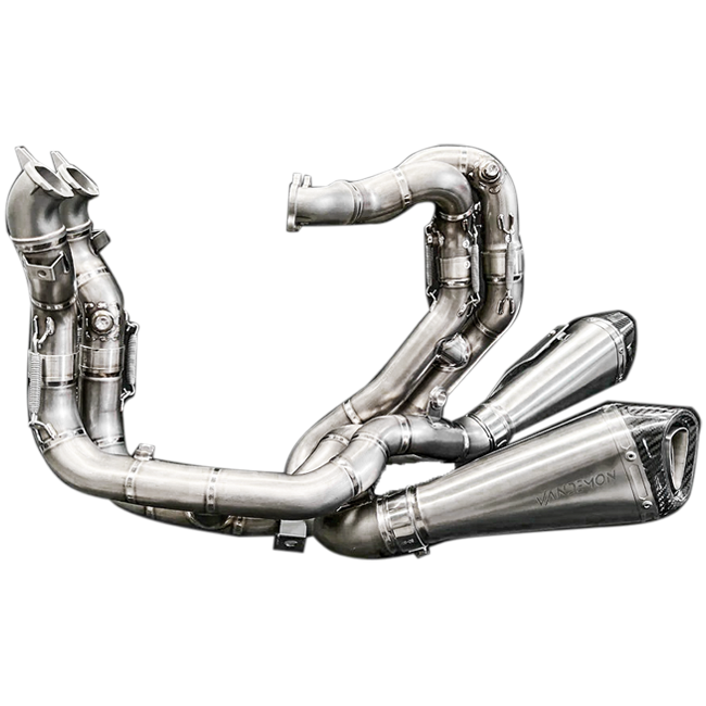 Vandemon Low Titanium full exhaust system on Ducati Panigale V4 naturally brushed finish