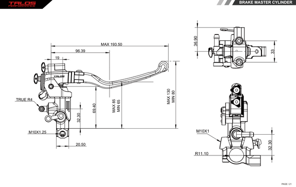 Talos XS.19 CNC billet aluminium radial racing brake master cylinder 19 mm black anodised