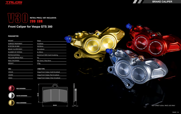 Talos V30.RD CNC monoblock front brake caliper in red anodised finish for Vespa GTS 300