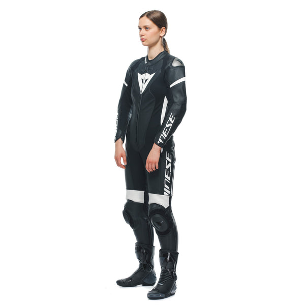 Dainese Grobnik Lady one-piece leather suit in black and white, perforated race suit for women