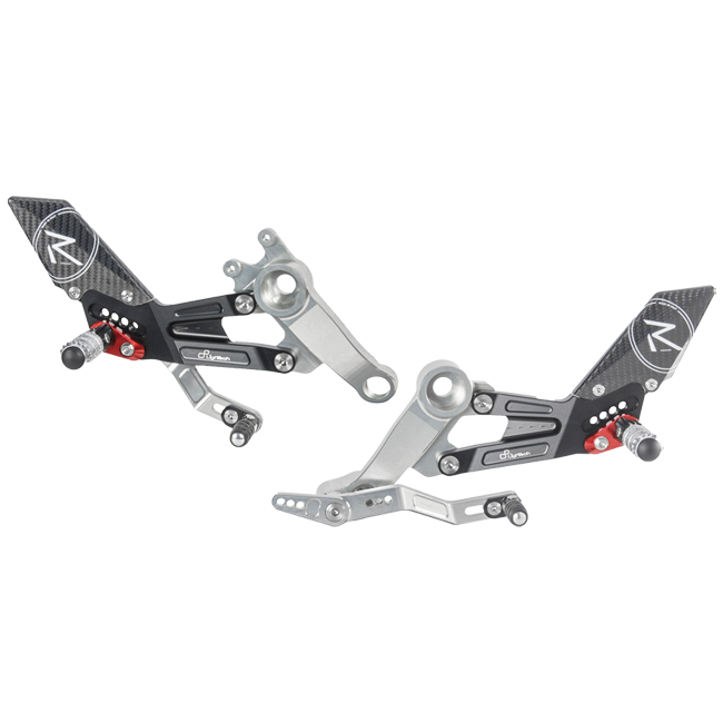 LighTech FTRAP007R R rearset kit for Aprilia RS 660, red anodised brackets with folding silver footpegs and carbon heel guards