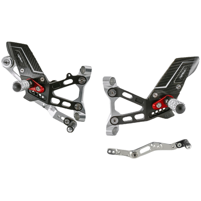 LighTech FTRBM007R rearset R for BMW S1000RR K67, red anodised brackets with silver folding footpegs and carbon heel guards