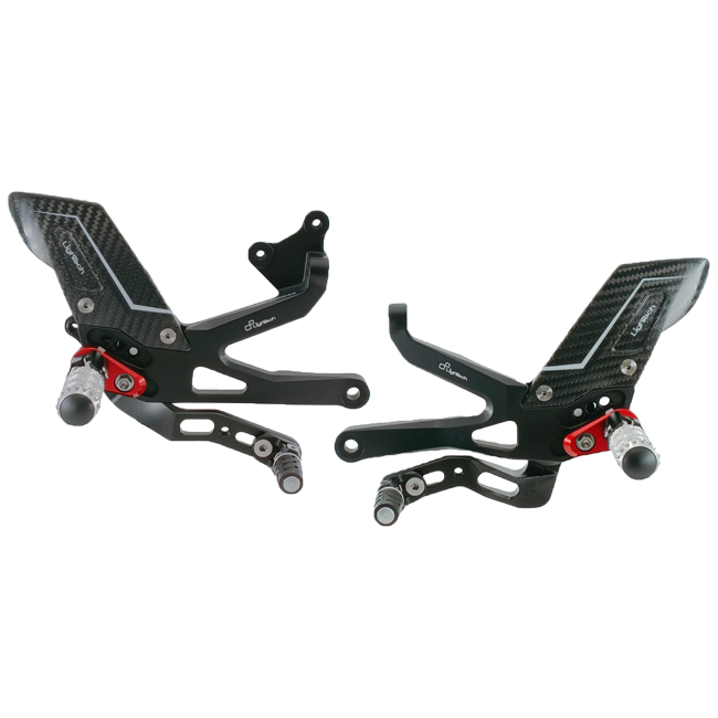LighTech FTRDU012R R-series rearsets for Ducati Panigale V4 — red carriers, silver folding footpegs, carbon heel guards