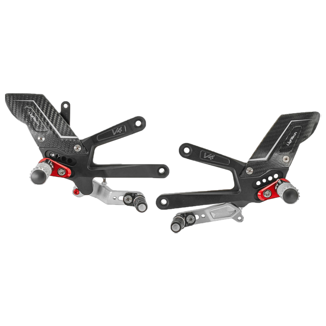 LighTech FTRDU017R R-series rearset with red brackets and carbon heel guards for Ducati Panigale V4 2025-2026
