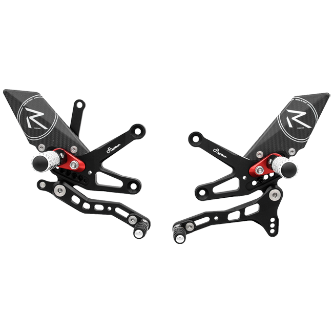 LighTech FTRKA006R R-series rearset kit for Kawasaki ZX-10R 2016–2020, red anodised carriers with carbon heel guards