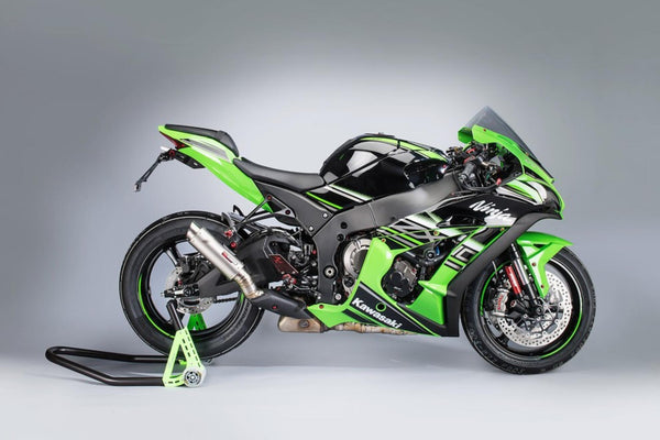 LighTech FTRKA006R R-series rearset kit for Kawasaki ZX-10R 2016–2020, red anodised carriers with carbon heel guards