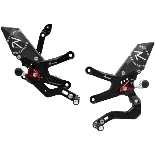 LighTech FTRKA012R R Version rearset kit for Kawasaki ZX-10R ZX-10RR 2021–2026 with red brackets and carbon heel guards
