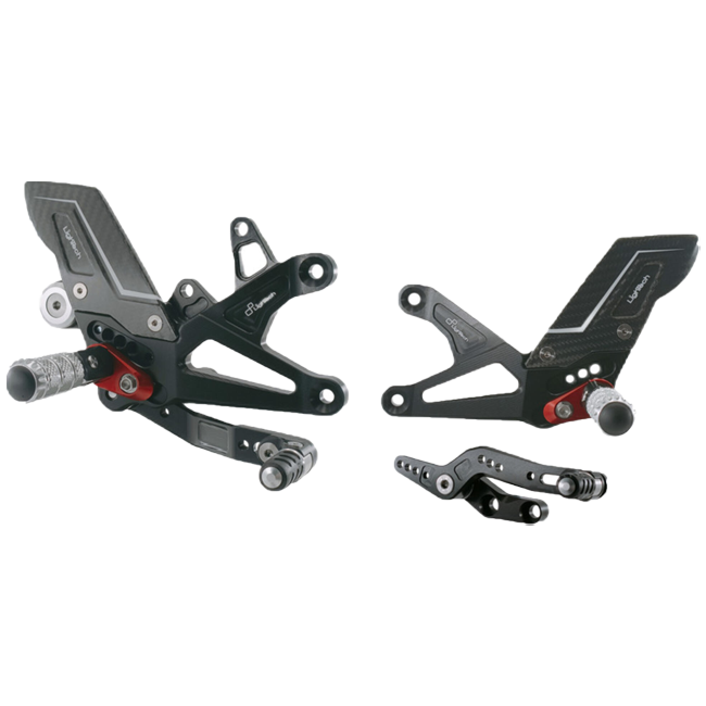 LighTech FTRTR005R rearset system for Triumph Street Triple 765 – red carriers, carbon heel guards, silver folding pegs
