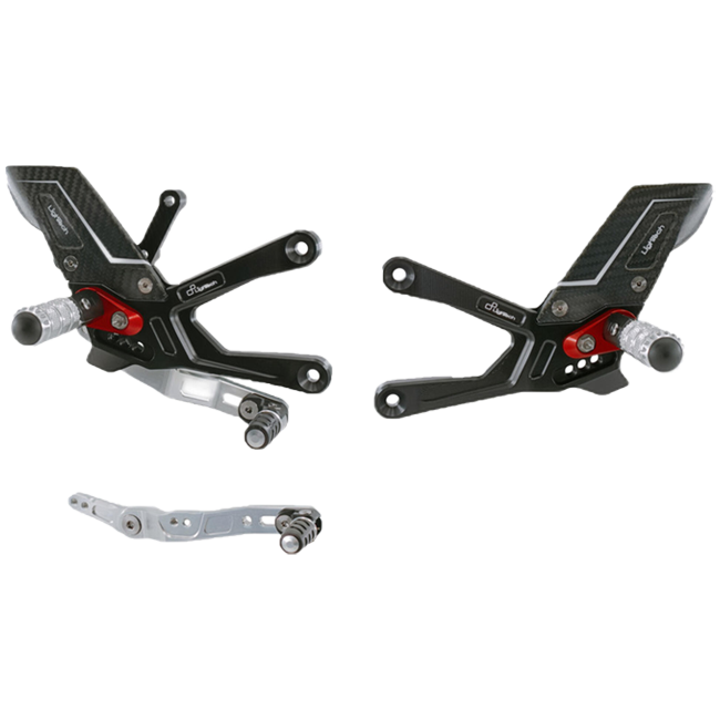 LighTech FTRYA016R R-Version rearset kit for Yamaha YZF-R1/R1M, red anodised carriers with carbon heel guards
