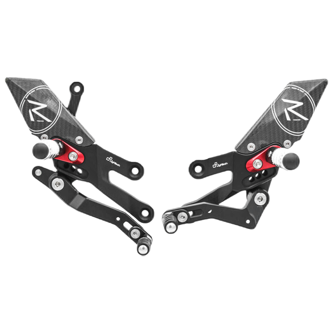 LighTech FTRYA018R rearsets for Yamaha YZF-R7 red carriers silver folding footpegs carbon heel guards