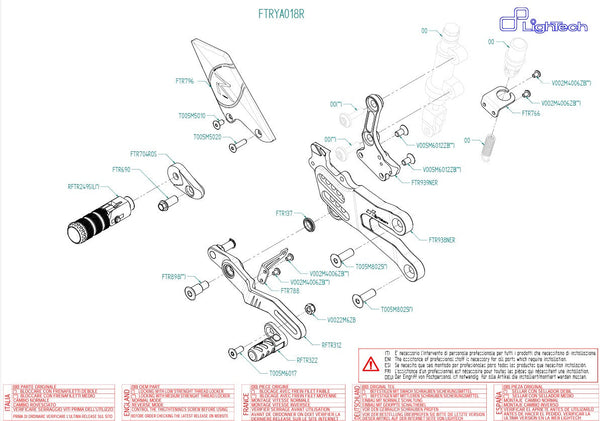 LighTech FTRYA018R rearsets for Yamaha YZF-R7 red carriers silver folding footpegs carbon heel guards