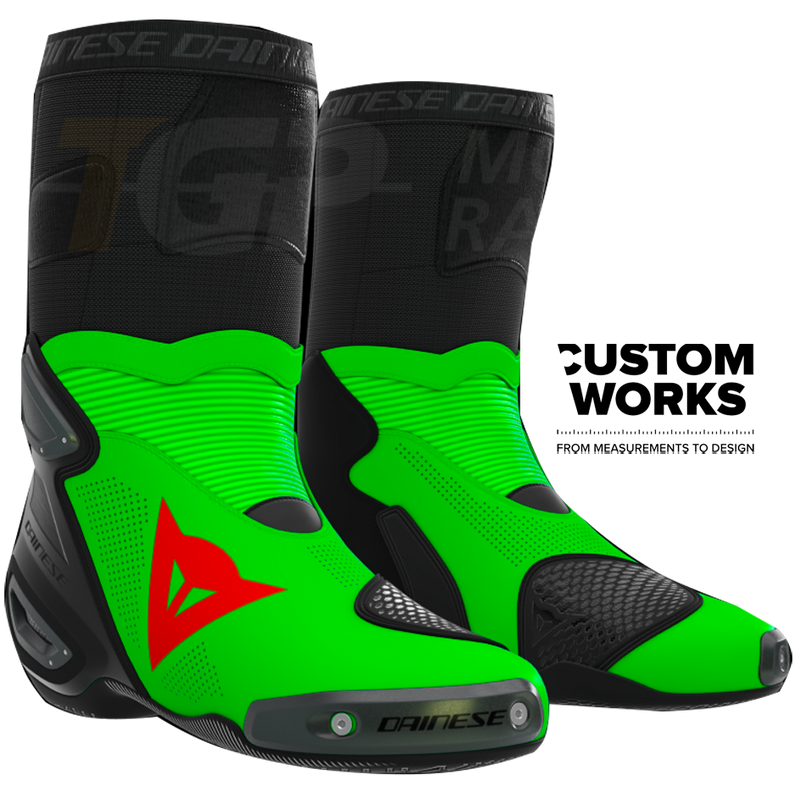 Dainese Axial 2 Air Franco Morbidelli Replica 2026 Custom Works boots in Fluo Green and Fluo Red
