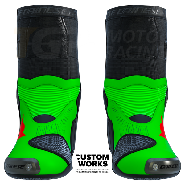 Dainese Axial 2 Air Franco Morbidelli Replica 2026 Custom Works boots in Fluo Green and Fluo Red