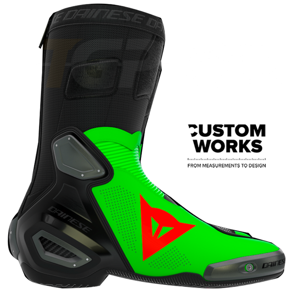 Dainese Axial 2 Air Franco Morbidelli Replica 2026 Custom Works boots in Fluo Green and Fluo Red