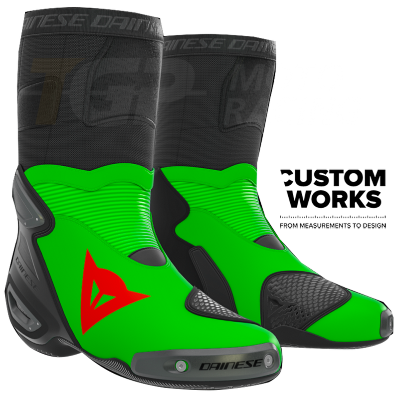 Dainese Axial 2 Franco Morbidelli Replica 2026 motorcycle boots in fluo green and fluo red Custom Works livery