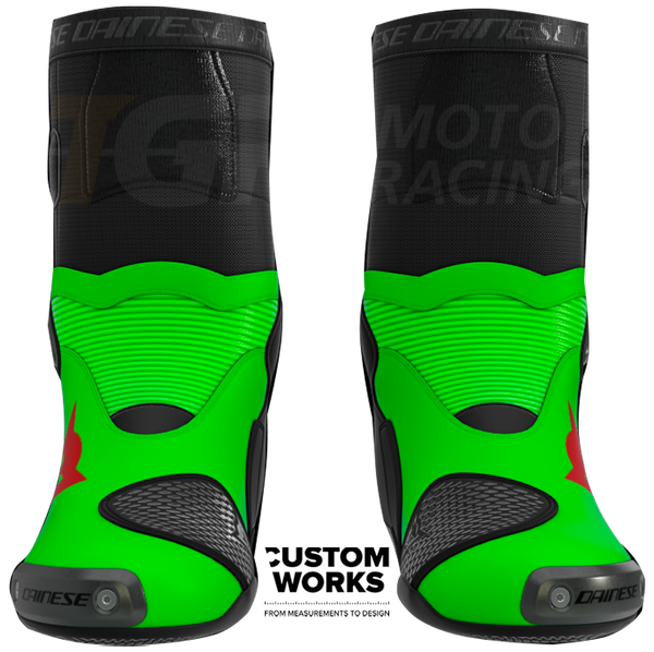 Dainese Axial 2 Franco Morbidelli Replica 2026 motorcycle boots in fluo green and fluo red Custom Works livery