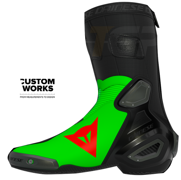 Dainese Axial 2 Franco Morbidelli Replica 2026 motorcycle boots in fluo green and fluo red Custom Works livery