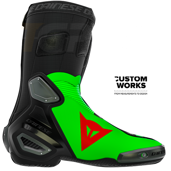Dainese Axial 2 Franco Morbidelli Replica 2026 motorcycle boots in fluo green and fluo red Custom Works livery