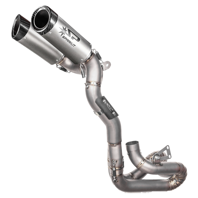Spark DYNO titanium half exhaust system on Ducati Panigale V4, carbon end caps, GDU8847