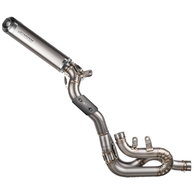 Spark GDU8848 stainless steel half system exhaust with titanium silencers on Ducati Panigale V4