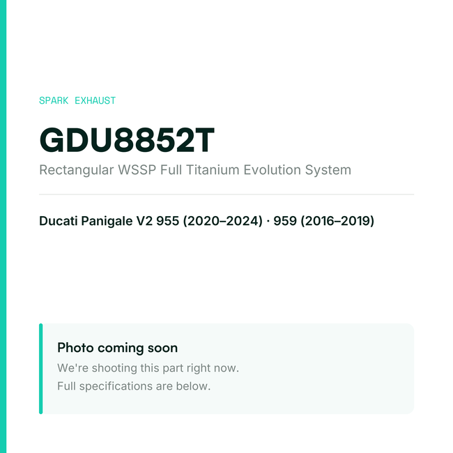 Spark Exhaust Rectangular WSSP Full Titanium Evolution System Ducati Panigale V2 955 (2020-2024), 959 (2016-2019) GDU8852T — placeholder, product photo coming soon