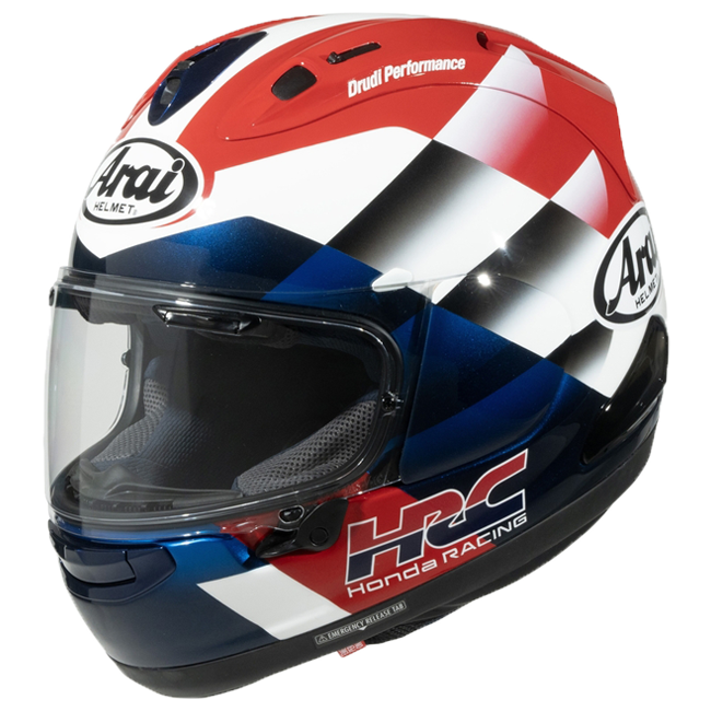 Arai RX-7V Evo full-face helmet in HRC-SP Honda Racing Corporation livery