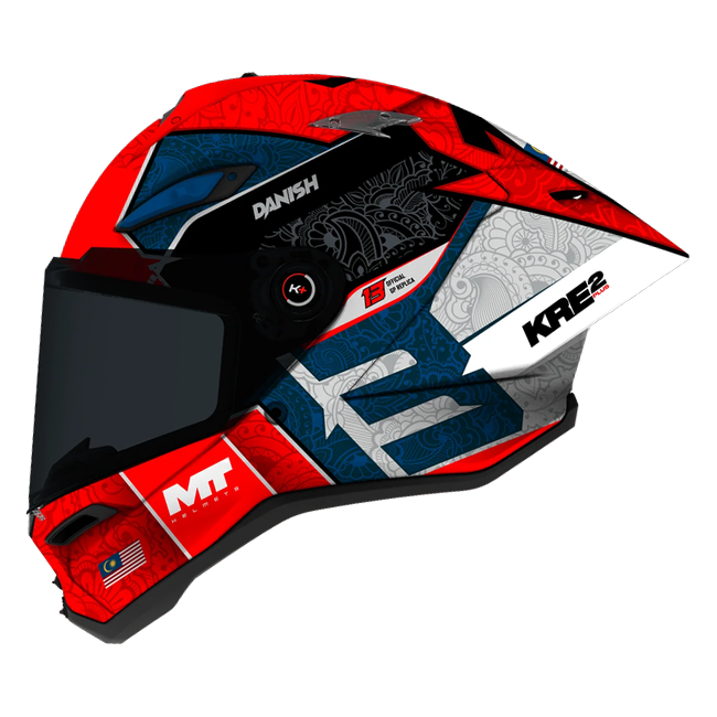 MT-Helmets KRE 2 PLUS Hakim Danish Replica 2026 full-face helmet in gloss red, blue and white — side view