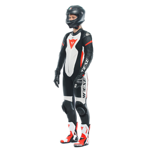 Dainese Grobnik Lady one-piece leather race suit in white and red, perforated panels