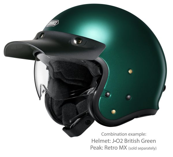Shoei J•O2 British Green – with the optional Retro MX peak (sold separately)