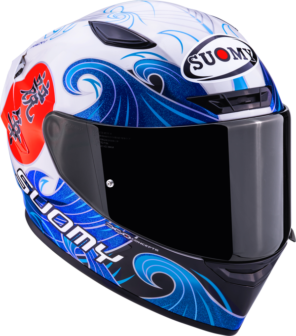 Suomy Track-1 full-face helmet in Waves White graphic, front three-quarter view