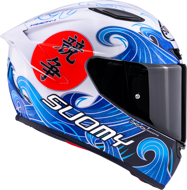 Suomy Track-1 full-face helmet in Waves White graphic, front three-quarter view