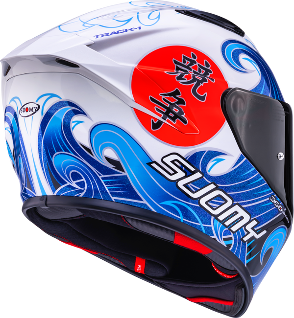 Suomy Track-1 full-face helmet in Waves White graphic, front three-quarter view