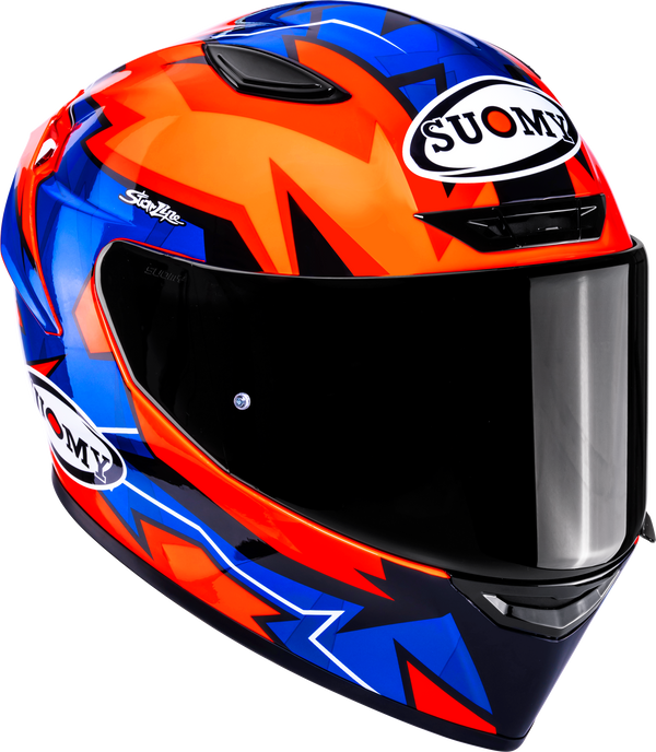Suomy Track-1 Firestorm full-face motorcycle helmet in red, orange and black