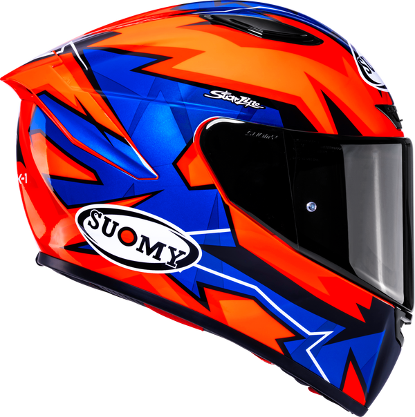 Suomy Track-1 Firestorm full-face motorcycle helmet in red, orange and black