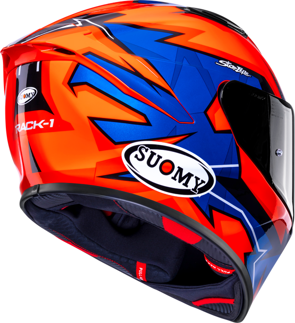Suomy Track-1 Firestorm full-face motorcycle helmet in red, orange and black